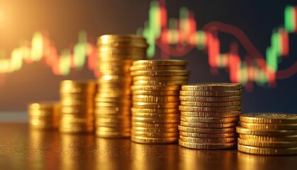 Stacks gold coins front of stock market graph. Financial investment theme, represents economic growth, success, profit, wealth. Suitable for business reports, presentations articles about money