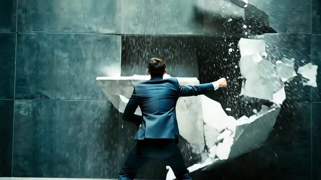 Young determined businessman is breaking down the wall. Concept of overcoming barriers and achieving goals in business