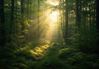 Sunbeams Filtering Through Lush Green Forest