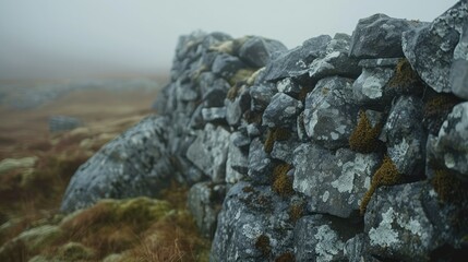 Scottish croft stone wall detail, close-up, rugged uneven rocks with moss, misty northern vibe