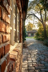 The red brick wall of the old house under the sunshine