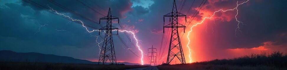 A powerful surge of electricity arcs between two colossal transmission towers, symbolizing the raw, untamed energy of a bold and innovative power source , energy, industrial, transmission