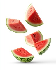 Several slices of watermelon are suspended in mid-air, showcasing their juicy red flesh and bright green rind