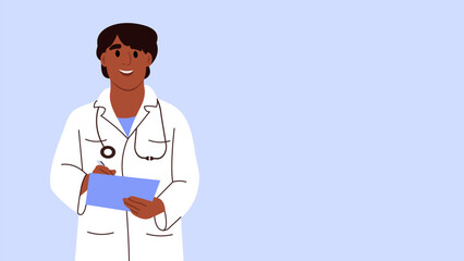 Female doctor in a white uniform holds clipboard. Health concept, detection and treatment of diseases. Vector illustration in flat style.