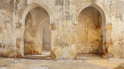 Fototapeta premium Syrian caravanserai courtyard, close-up, pointed arches and weathered walls, soft beige and sand hues