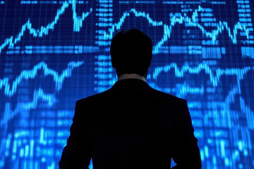 Financial news anchor discussing market trends, with stock tickers and economic charts displayed on the screen behind them