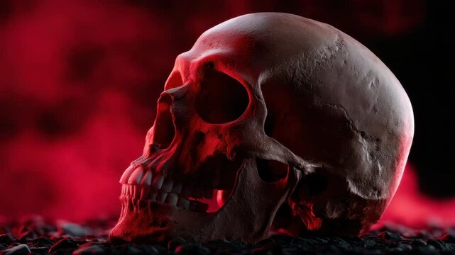 Human skull with red lighting on dark background, creating dramatic and eerie atmosphere with detailed bone texture and shadows, emphasizing creepy macabre horror anatomy of human bone.