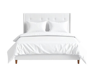 Pristine white double bed with tufted headboard and wooden legs, neatly made with crisp bedding