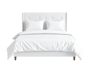Pristine white double bed with tufted headboard and wooden legs, neatly made with crisp bedding