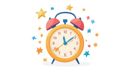 A digital illustration of a cheerful yellow alarm clock with red bells, surrounded by colorful stars and confetti. The clock face features simple, bold numerals, and the hands indicate a time.