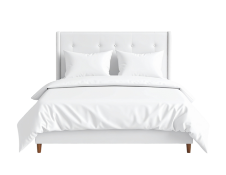 Pristine white double bed with tufted headboard and wooden legs, neatly made with crisp bedding