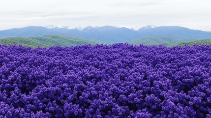 Obraz premium A vibrant field of purple flowers stretches across the landscape, with majestic mountains in the background, Ideal for nature-themed projects, travel promotions, or floral designs,