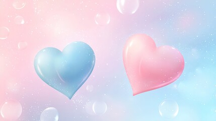 Glossy pink and blue hearts floating surrounded by translucent bubbles on pastel gradient background. Perfect for wall print, valentines and romantic themes.