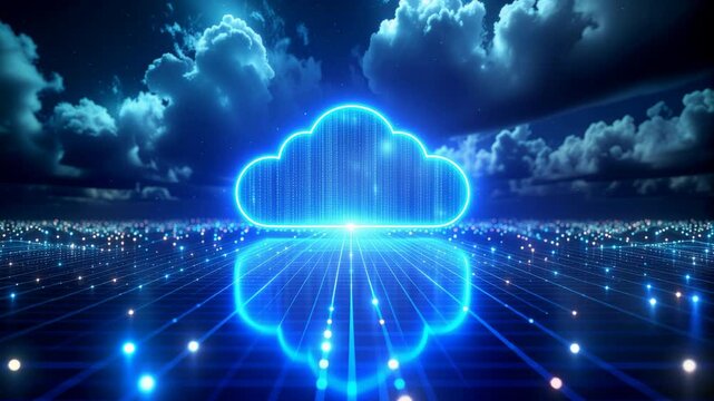Blue digital cloud with data lines and glowing background