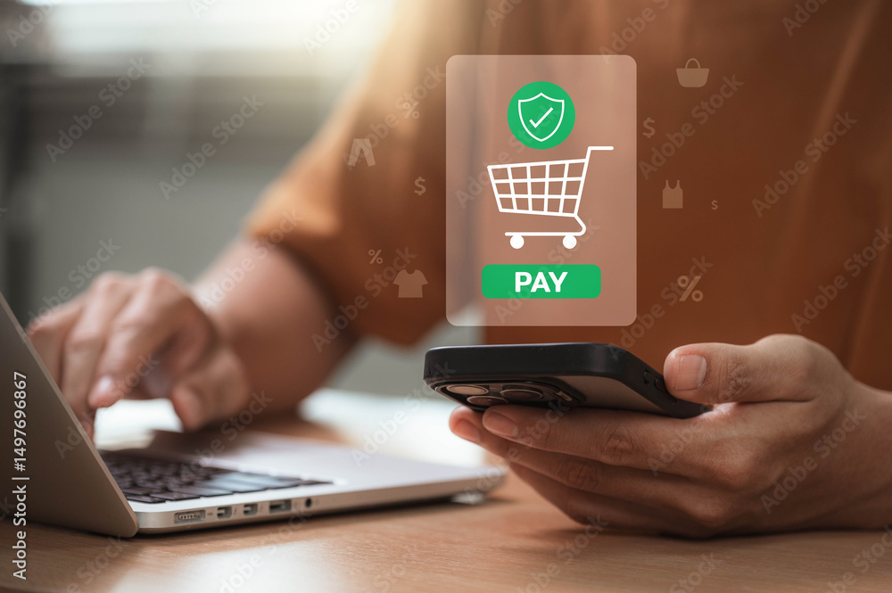 Aufkleber Mobile payment security concept showing user holding smartphone with secure checkout icon and green pay button during online shopping, highlighting ecommerce transaction and financial safety at home
