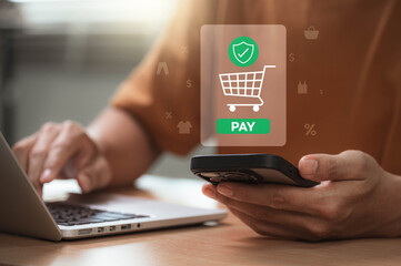 Mobile payment security concept showing user holding smartphone with secure checkout icon and green pay button during online shopping, highlighting ecommerce transaction and financial safety at home