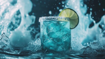 Icy blue cocktail with lime in splash.