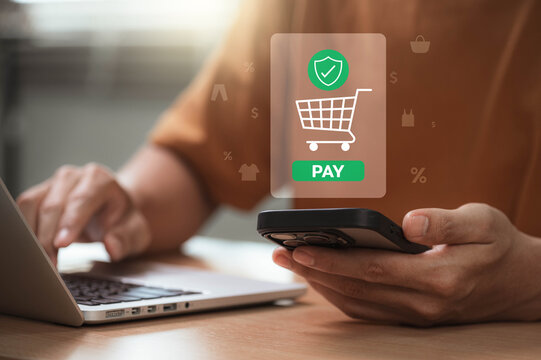 Mobile payment security concept showing user holding smartphone with secure checkout icon and green pay button during online shopping, highlighting ecommerce transaction and financial safety at home