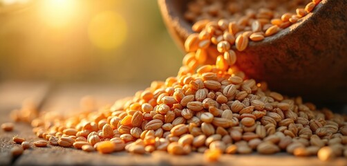 Close-up view of assorted grains. Heap of wheat with golden sunlight background. Texture, natural forms, ideal for agriculture, harvest, food concepts. Healthy organic nourishment ingredient for