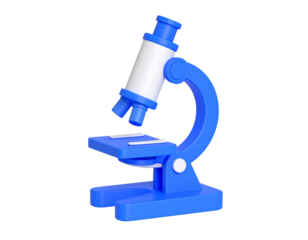 A vibrant blue 3D-rendered model of a microscope