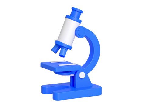 A vibrant blue 3D-rendered model of a microscope