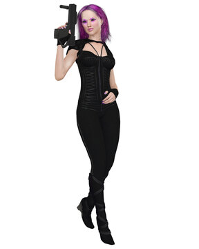 Sci-fi Girl Character with Purple Hair, 3d digitally rendered science fiction illustration