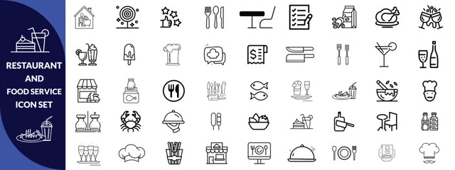 Restaurant and food service icon set. Thin line editable stroke icons for menus, meals, dining, drinks, cafes, bars, delivery, culinary branding, types of food and restaurants. icon Design big set.