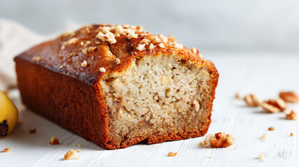 Fototapeta premium Homemade Banana Bread with Nuts on a White Wooden Surface