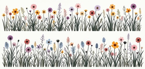 Floral illustration showcases diverse colorful wildflowers, grass. Vibrant blooms in shades of pink, yellow, purple, blue. Decorative floral design. Nature garden elements. Botanical art.
