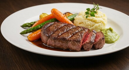 Perfectly cooked juicy steak with mashed potatoes and colorful vegetables