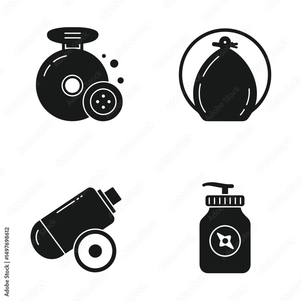 Poster set of four distinct black silhouette illustrations of diverse objects in a minimalist design
