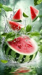 Watermelon, green background, water splashes flying in the air with fruit slices, realistic photography style, high definition image.