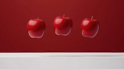 Obraz premium Three shiny red apples appear to hover against a deep red background, creating a striking visual, This image is perfect for food-related designs, health advertisements, or educational materials,