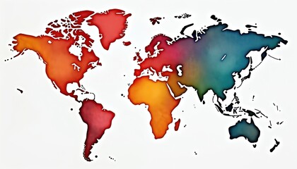 Obraz premium Watercolor world map colorful illustration. Artistic design on white background. Vibrant global map with countries continents, geography concepts, travel theme. Education, travel, design, decor,