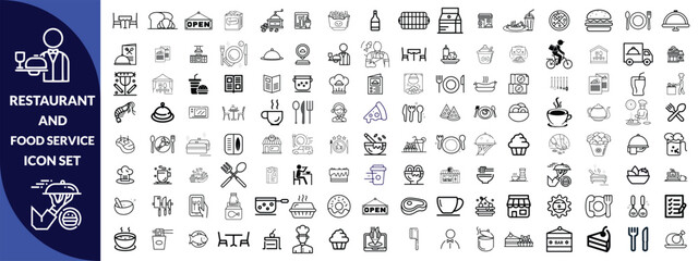Restaurant and food service icon set. Thin line editable stroke icons for menus, meals, dining, drinks, cafes, bars, delivery, culinary branding, types of food and restaurants. icon Design big set.