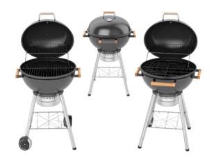 Round charcoal grill with open lid, various views