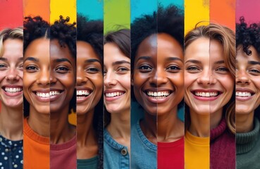 Artistic colorful collage happy faces diverse women smiling, positive emotions. Joyful expression, multicultural beauty, diversity. Portraits of happy smiling women, showing friendship, community.
