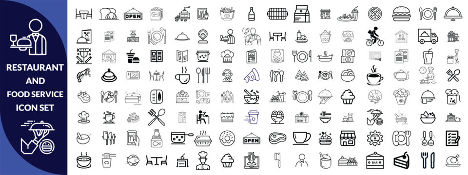 Restaurant and food service icon set. Thin line editable stroke icons for menus, meals, dining, drinks, cafes, bars, delivery, culinary branding, types of food and restaurants. icon Design big set.