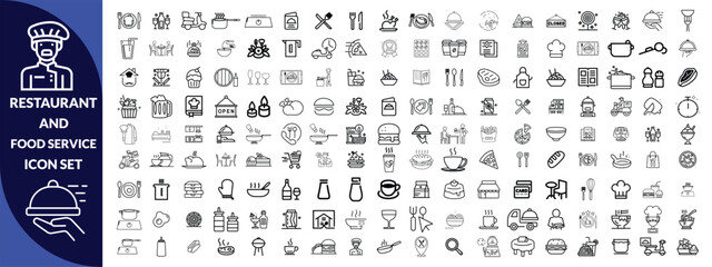 Restaurant and food service icon set. Thin line editable stroke icons for menus, meals, dining, drinks, cafes, bars, delivery, culinary branding, types of food and restaurants. icon Design big set.