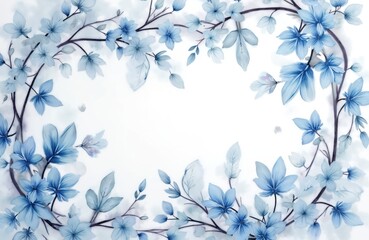 Blue floral pattern design with gentle watercolor style. Watercolor flowers and leaves arranged on branches. Elegant wallpaper for home decor background, wedding invitations or textile design.