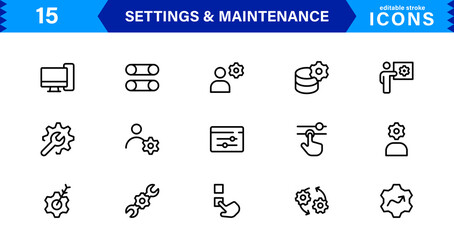 Settings Maintenance Line Icons Set. Configuration, system update, technical support, tools, service editable stroke icon vector collection