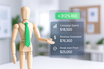 Wooden mannequin dressed in green tie presenting marketing and sales data on transparent screen in modern office setting