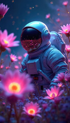 Fototapeta premium Astronaut explores space garden with glowing neon flowers. Surreal cosmos art with violet, green lights. Futuristic concept of fantasy adventure exploration.