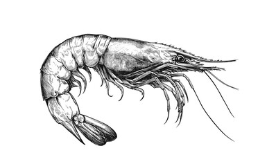 Seafood, shrimp prawn. Vintage retro print, black white seafood shrimp prawn sketch ink pencil style drawing, linear drawing, engrave old school. Sketch artwork shrimp prawn, seafood. Illustration