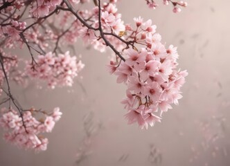 Soft pastel pink sakura petals gently descend against a muted background ,  bloom,  backdrop