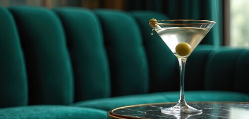 Elegant martini cocktail glass with olive garnish stands against a teal velvet couch in a bar. Classic sophisticated drink in crystal glass on table. Nightlife, leisure, happy hour. Drink menu.