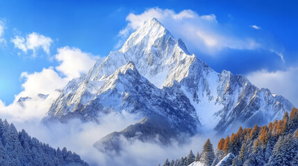 Blue sky, white clouds, snow mountain summit, stunning natural scenery, computer wallpaper