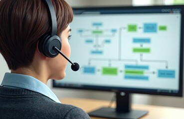Call center employee wearing headset viewing flowchart on screen. Customer service representative guides client through workflow, provides technical support, resolves issues, offers assistance. Tech