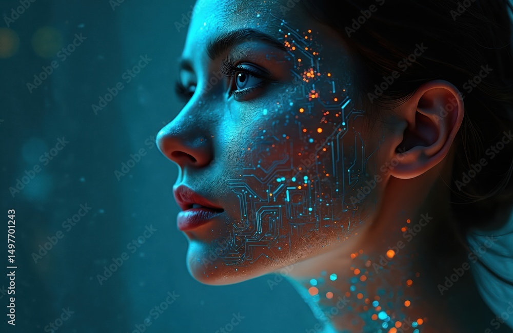 Poster computer-generated image woman face with cybernetic enhancements. blue, orange circuit patterns glow
