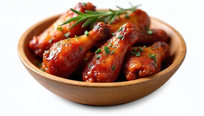 Delicious chicken wings in wooden bowl. Appetizing barbecue glaze, crispy texture with fresh herbs. Meal perfect for cooking receipes, food design. Isolated on white background. Ideal for restaurant